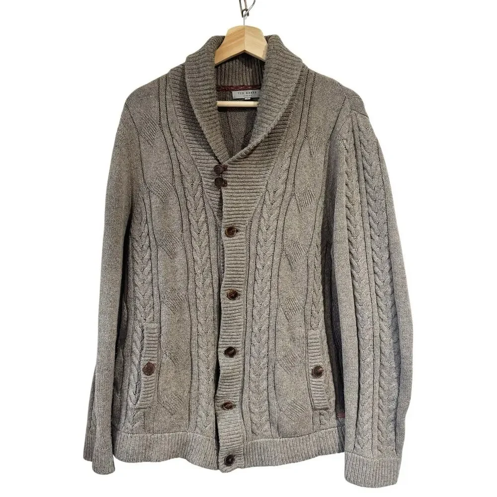 Ted Baker‎ Button Front Jowalk Cardigan Size 5 Gray Wool Cotton Grandpa academia